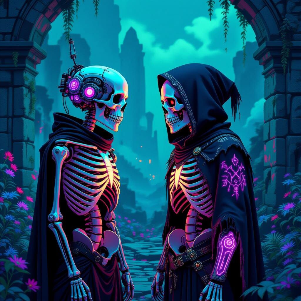 Cybernetic Skeletons in Bioluminescent Post-Apocalyptic Worl...