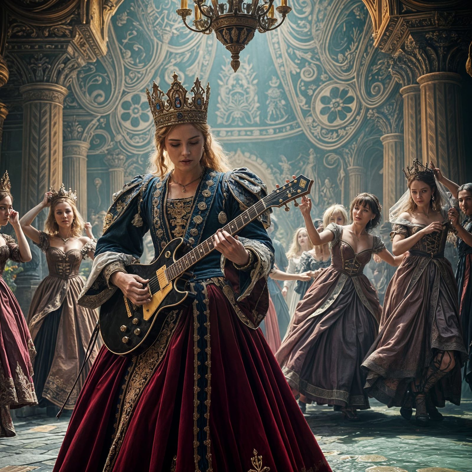 Queen and Guitarist in Royal Court: Digital Matte Painting