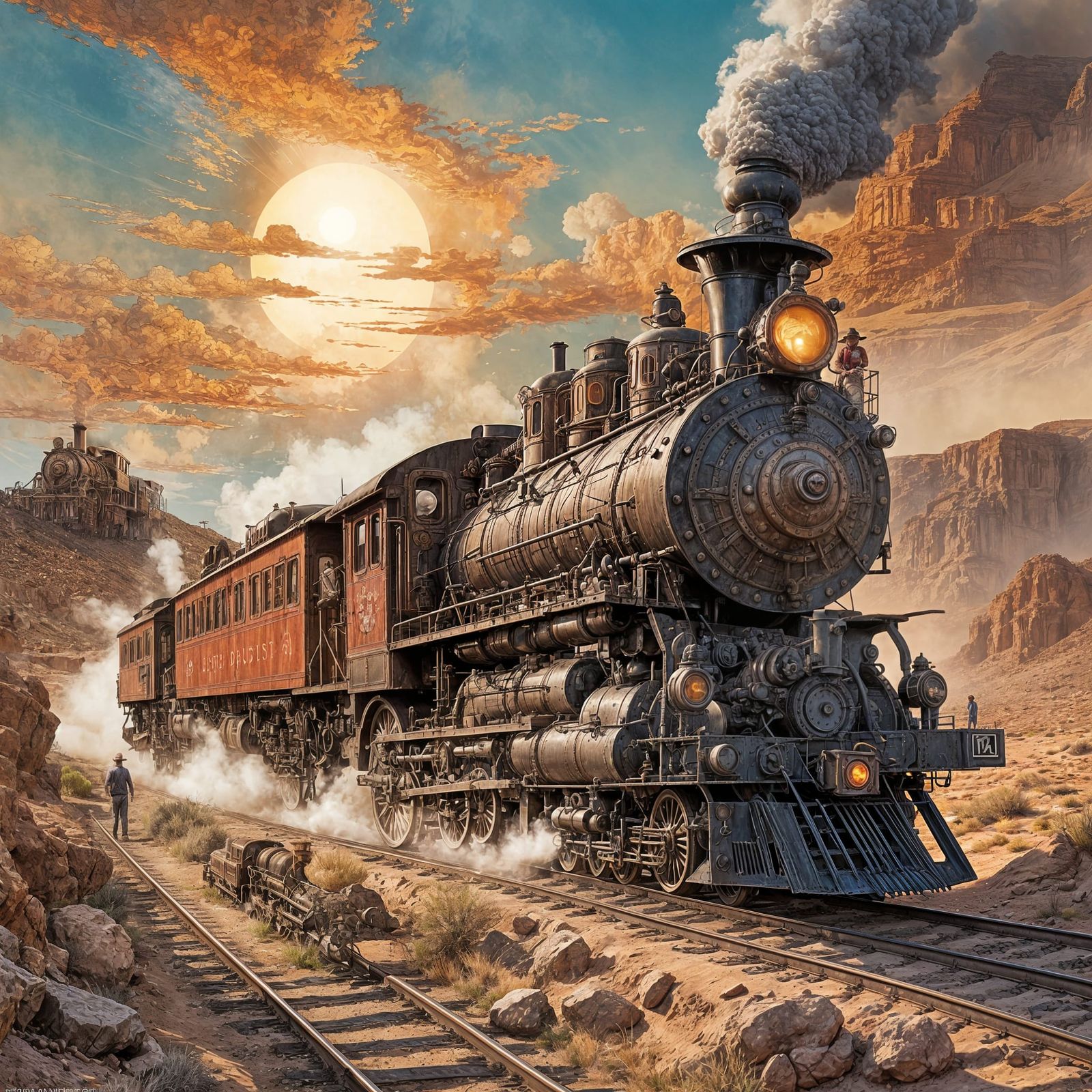 Circus Steam Train at Sunset in Comic Book Art