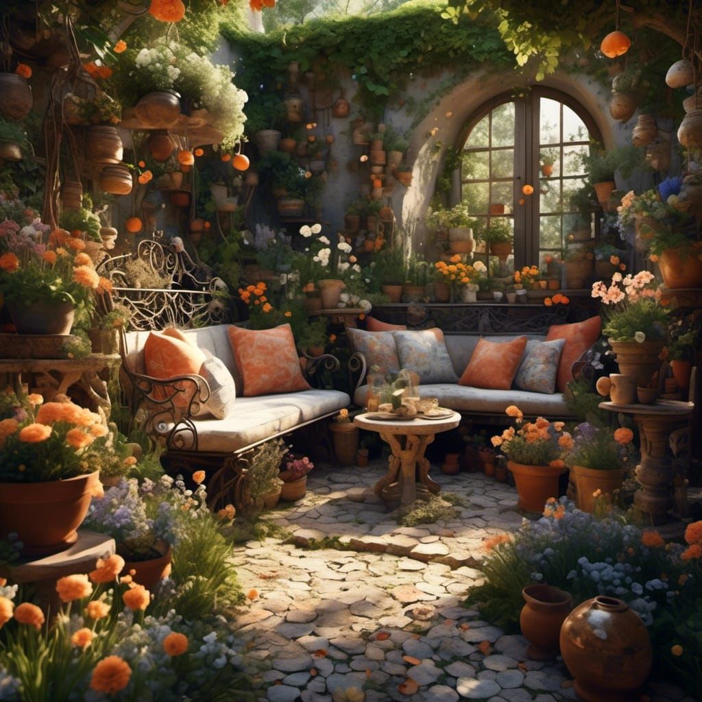 Enchanting Garden Seating Area in Hyperreal Style