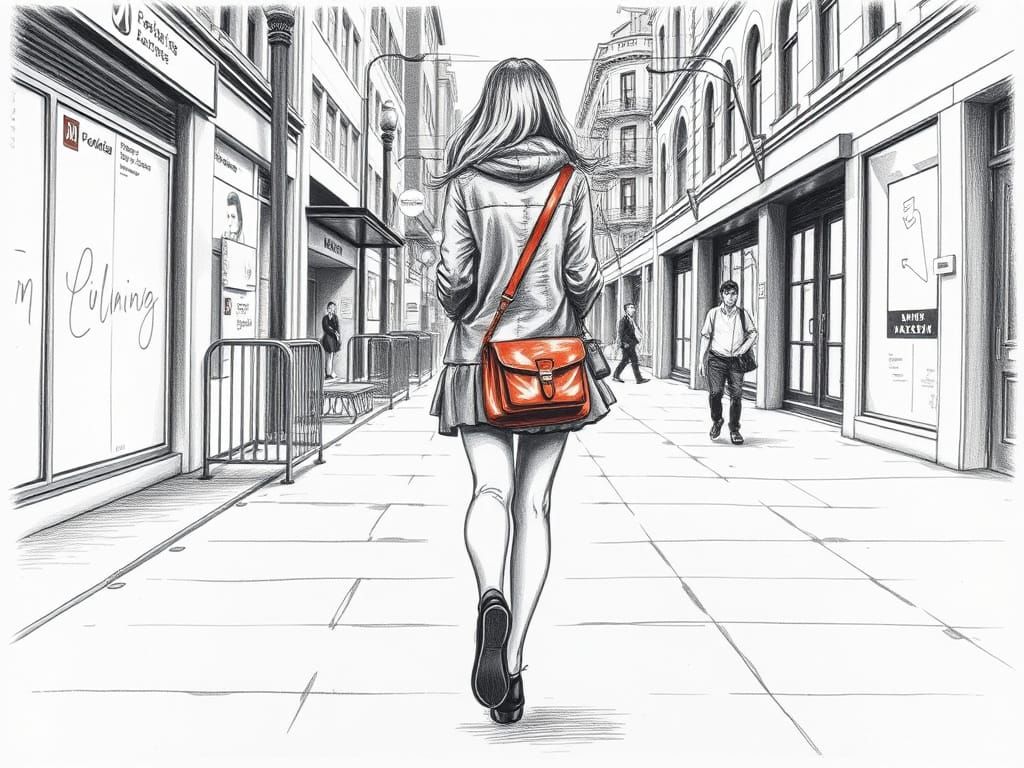 Girl Walking in City: Detailed Charcoal Drawing