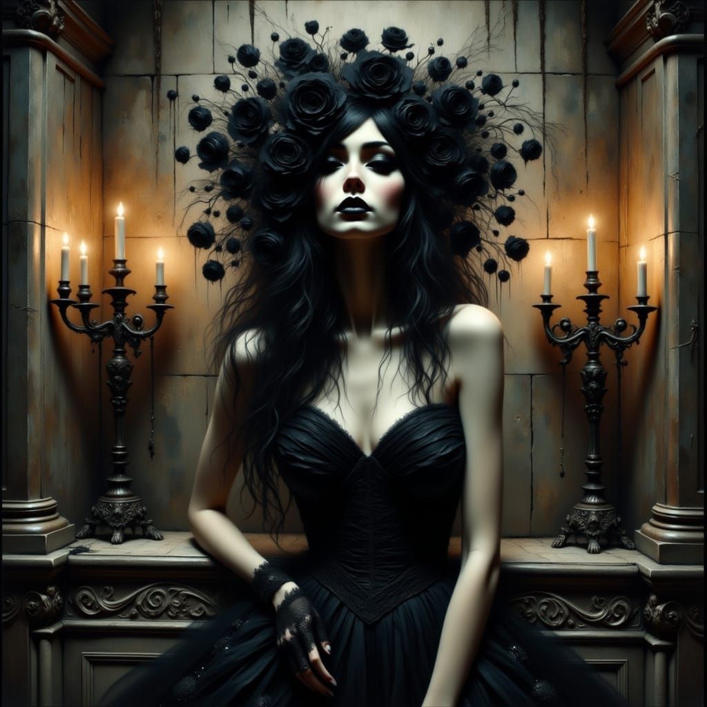 Gothic Nude with Black Roses in Candlelight