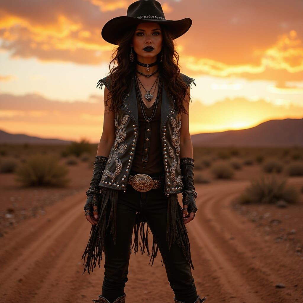Western Goth Woman in Desert Dusk Fashion Photo