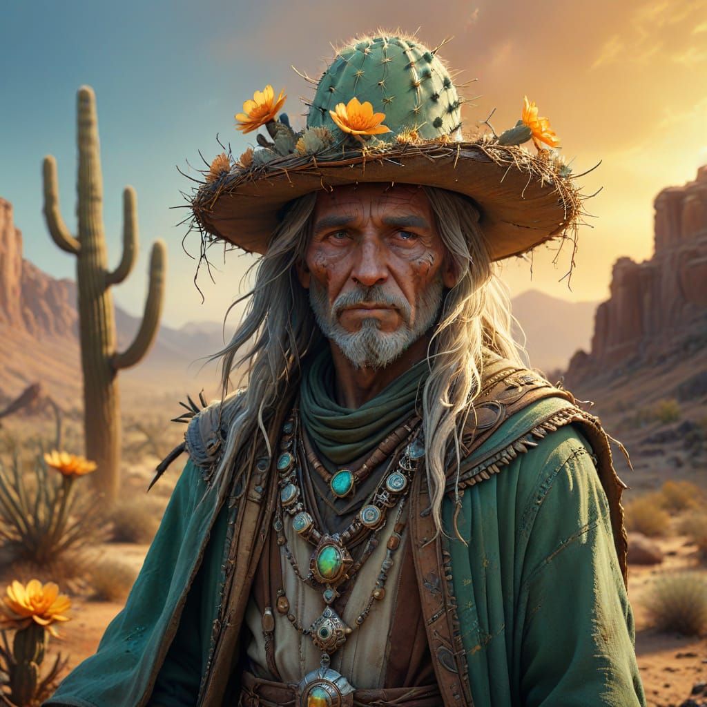 Desert Wizard With Cactus Hat in Cinematic Sunset