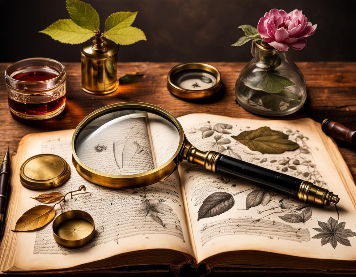 Botanical Ink Drawings with Magnifying Glass