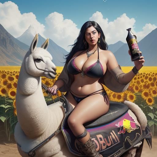 Woman on Alpaca with Red Bull, Detailed Matte Painting