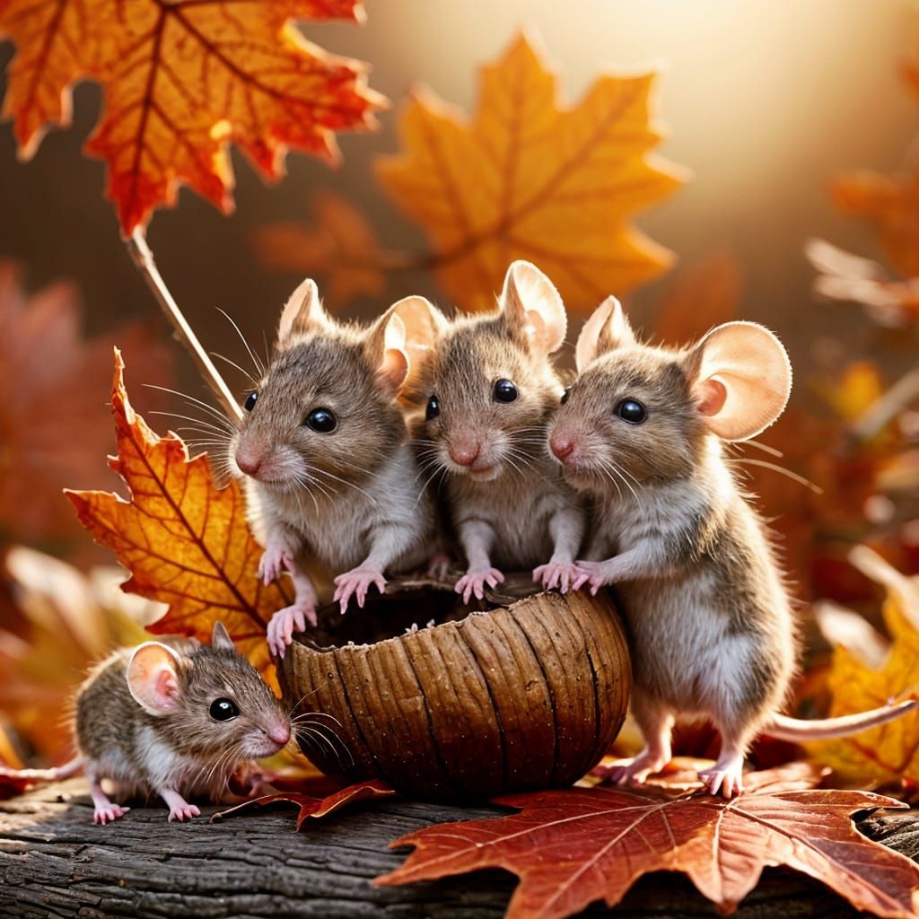 Cozy Baby Mice in Acorn on Fall Leaf