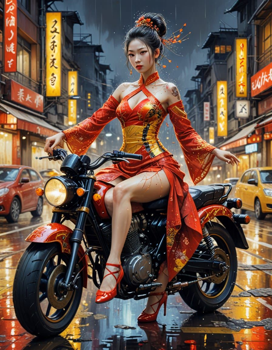 Ballerina Oiran Riding Motorbike in Vivid Night City