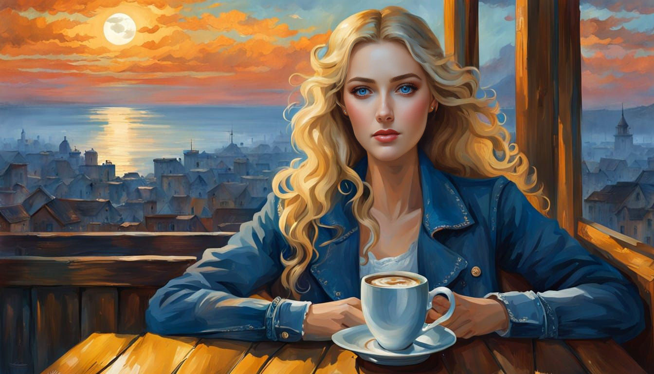 Blonde Woman Reflects on Love in a Moonlit Cafe
