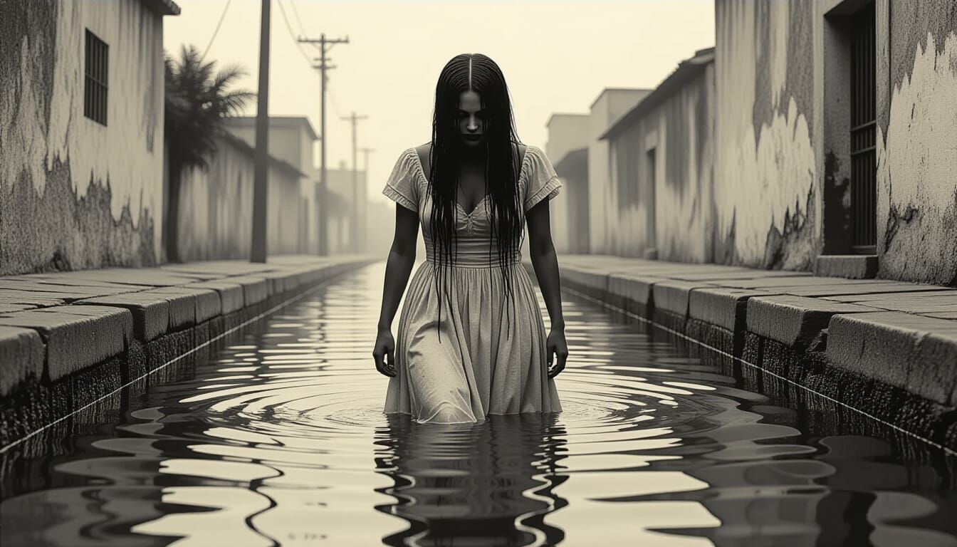 Ghostly Figure Emerges from Canal in Chiaroscuro Horror