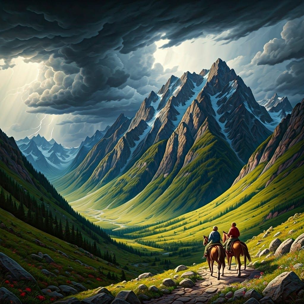 Majestic Mountains Under Stormy Sky: Romantic Realism