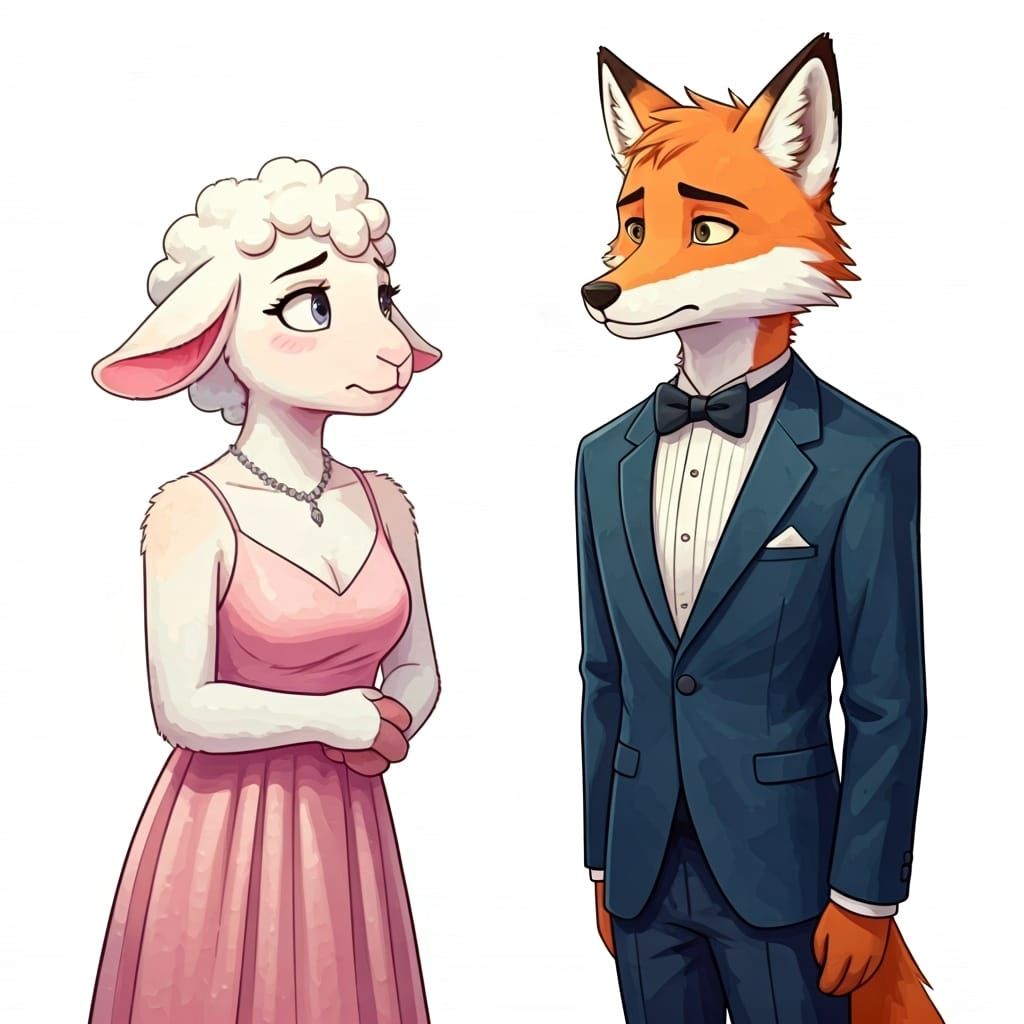 Anthro Lamb Waiting for Fox at Prom in Watercolor