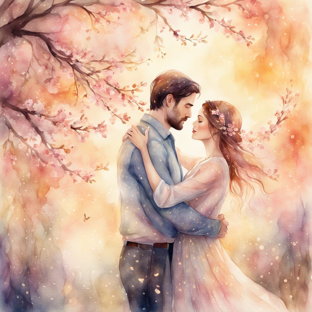 Whimsical Watercolor Couple Under Cherry Blossoms