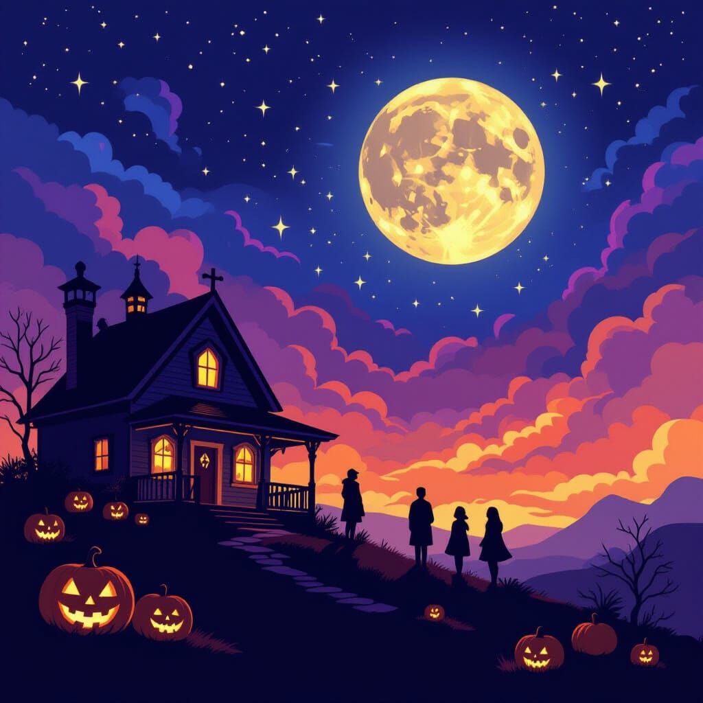 Whimsical Halloween Store Under Cosmic Nebula and Ethereal M...