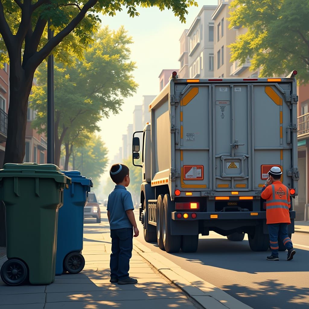 Orthodox Jewish Boy Marvels at Garbage Truck in Serene Urban...