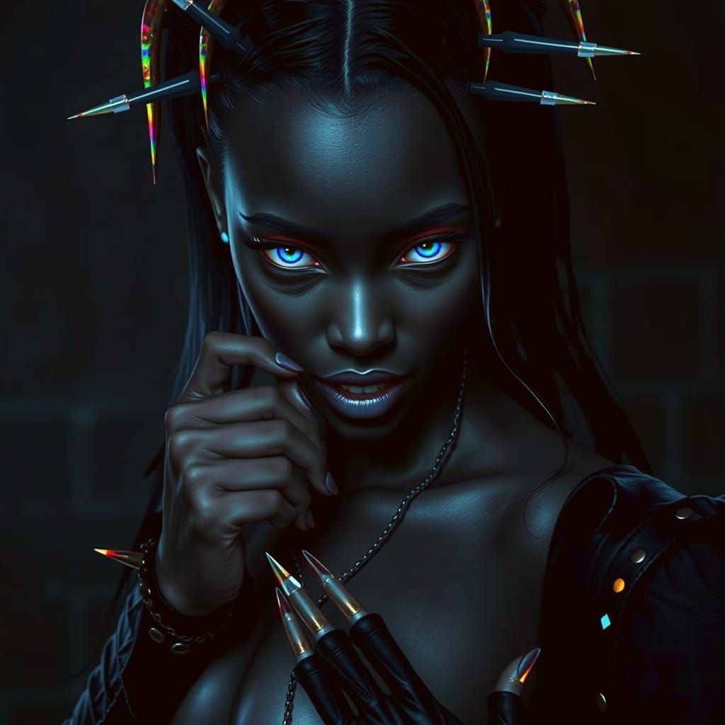 Dark Beauty with Rainbow Flame Eyes and Razor Claws