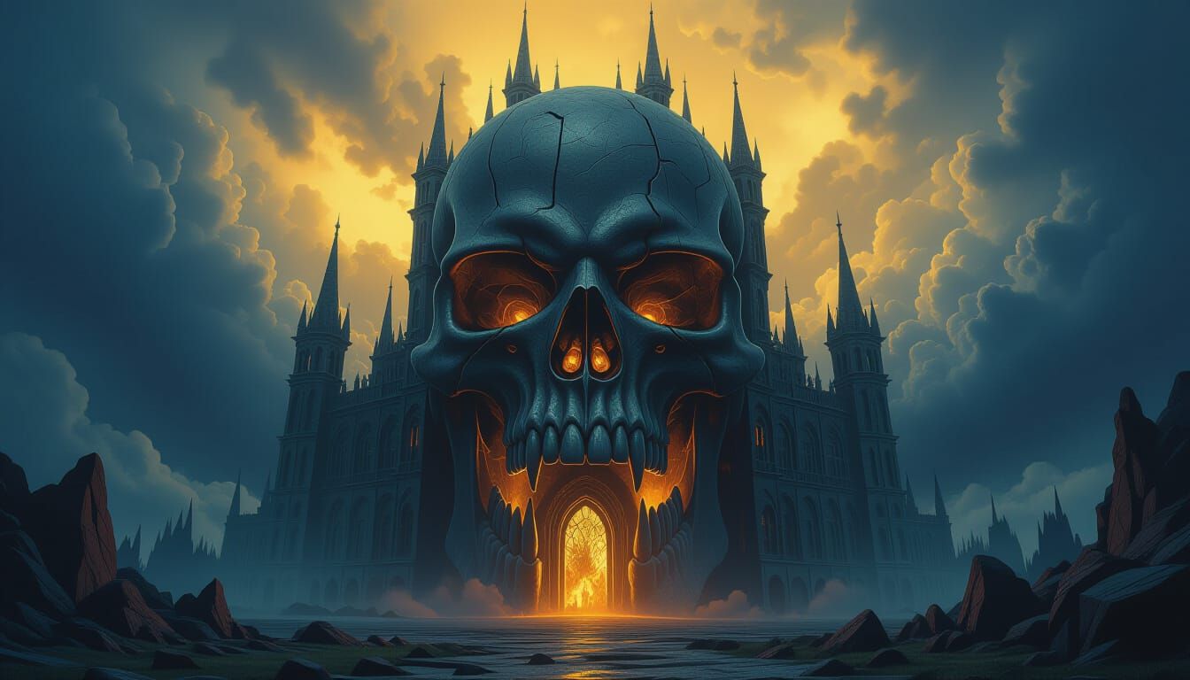 Skull Castle in Stormy Landscape