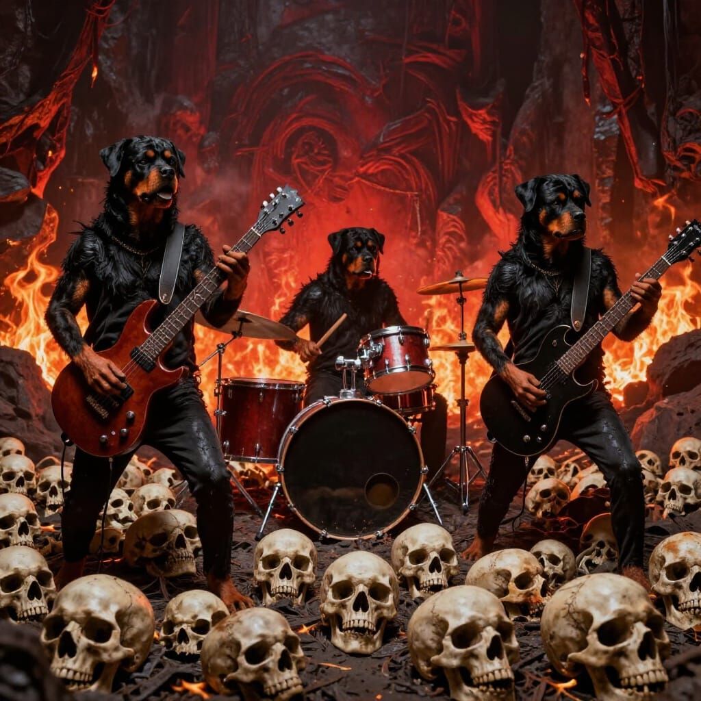 Rottweilers as Death Metal Band in Skull-Filled Underworld