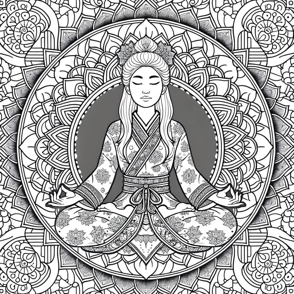 Meditating Woman in Lotus Pose with Mandala Line Art