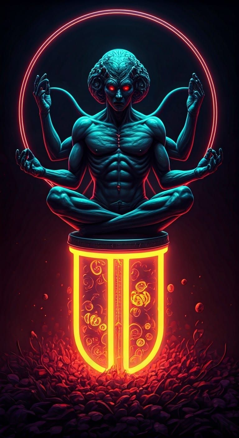 Cyberpunk Alien Meditates in Neon Mechanical World