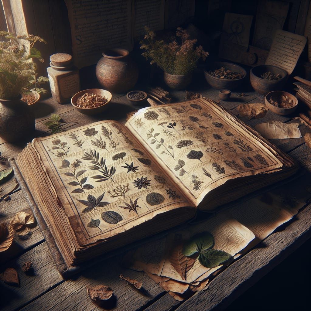 Medieval Herbal Tome on Wooden Table