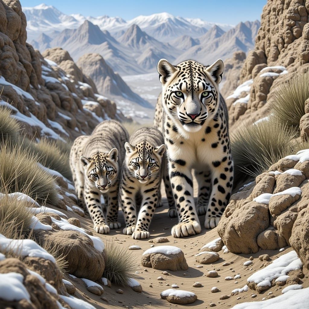 Snow Leopard Leads Her Three Cubs Through Gobi Desert Landsc...