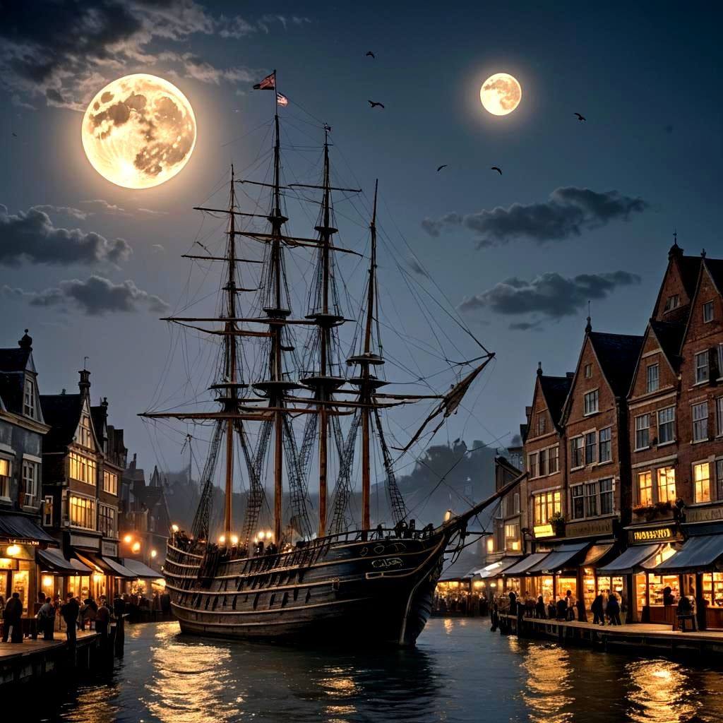 Ghost Ship Sails Past Moonlit Marketplace