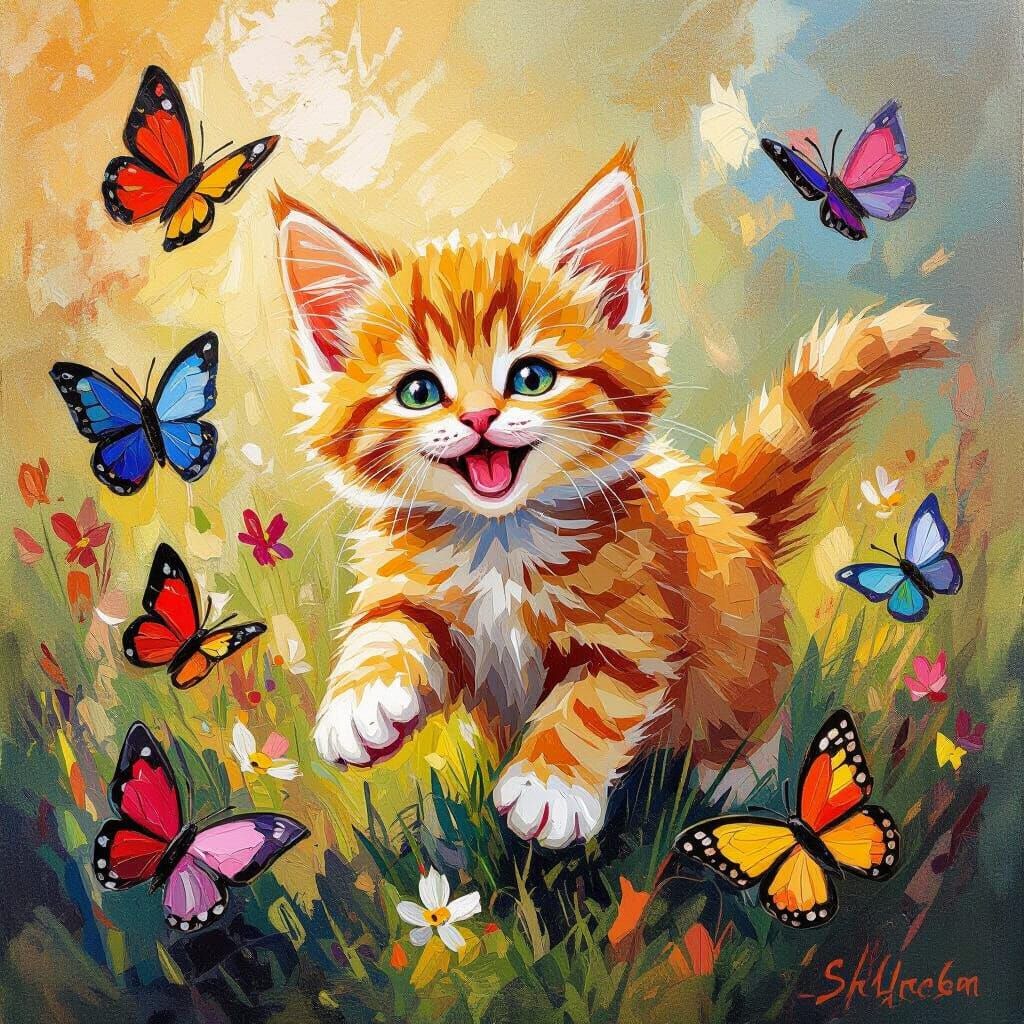 Joyful Kitten Amongst Butterflies: Neo-Impressionist Oil Pai...