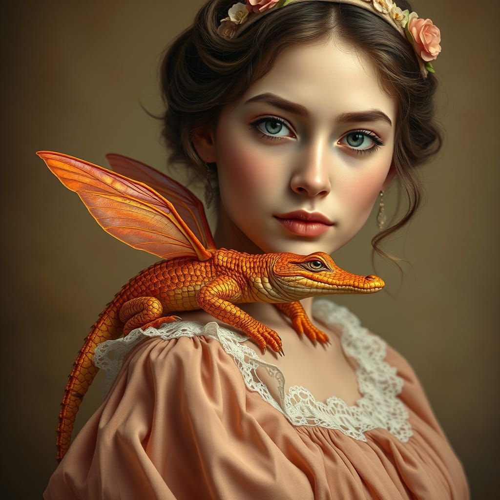 Hyper-Realistic Crocodile with Iridescent Wings, Set Against...