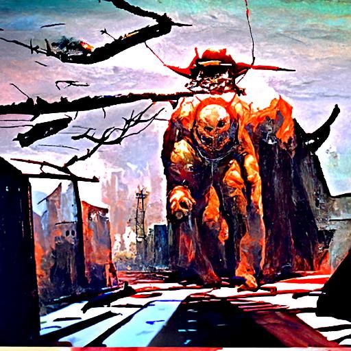 Red Devil in Wasteland City, Oil Painting