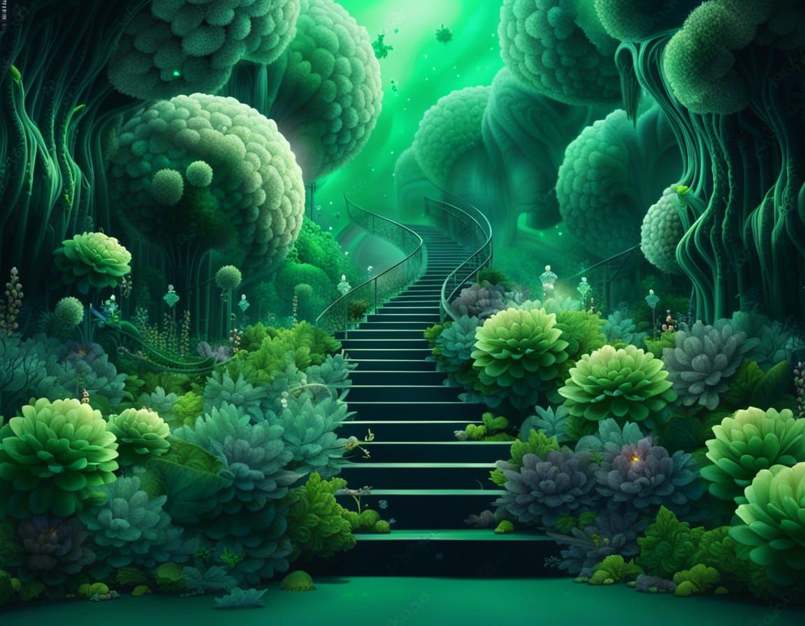 Surreal Green Planet with Crystal Flowers