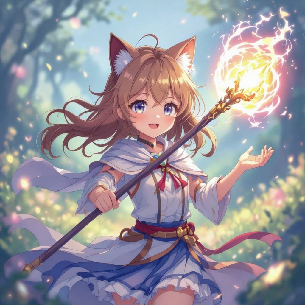 Anime Style Avatar of Cute Blonde Girl with Cat Ears and Sta...