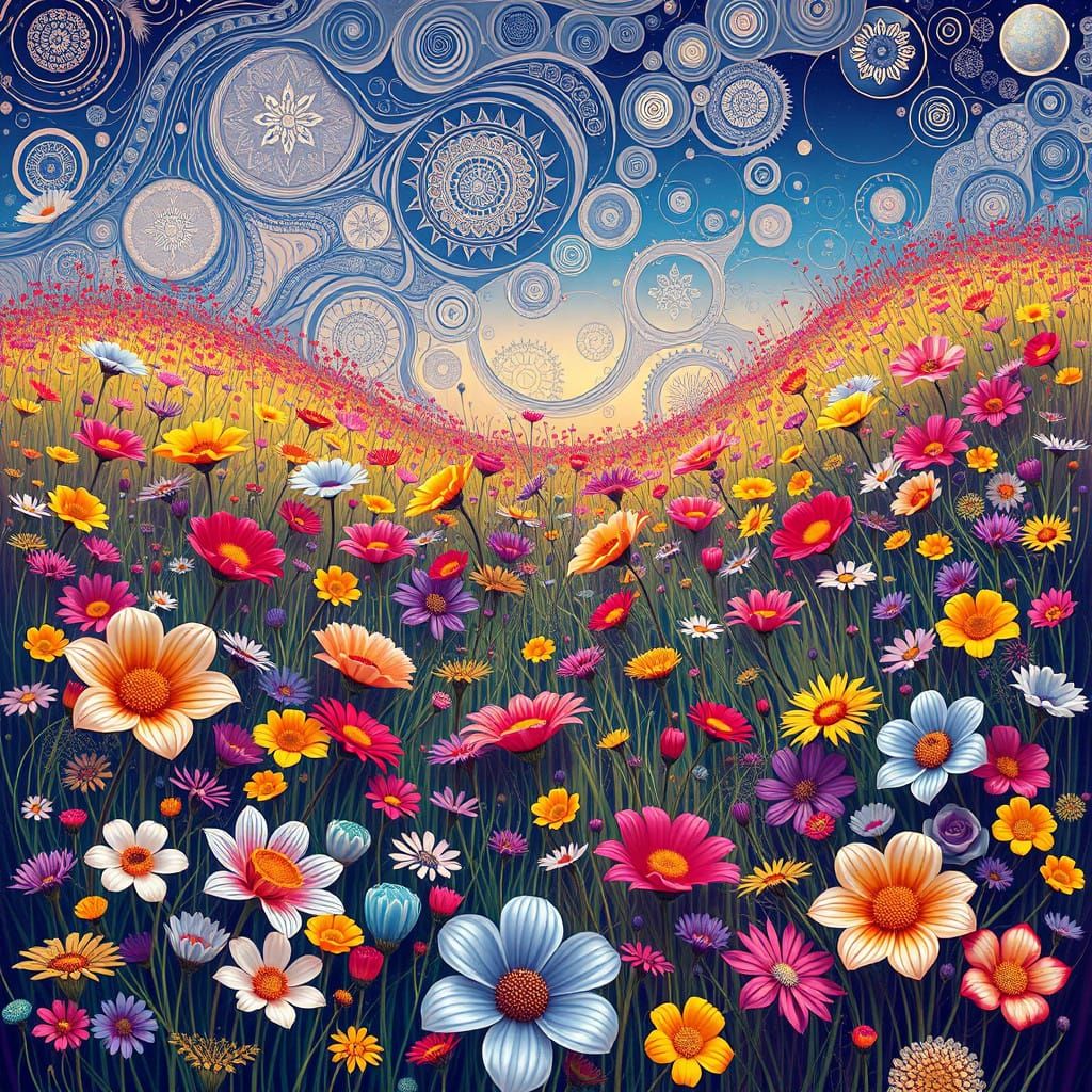 Vibrant Floral Landscape with Fractal Patterns and Geometric...