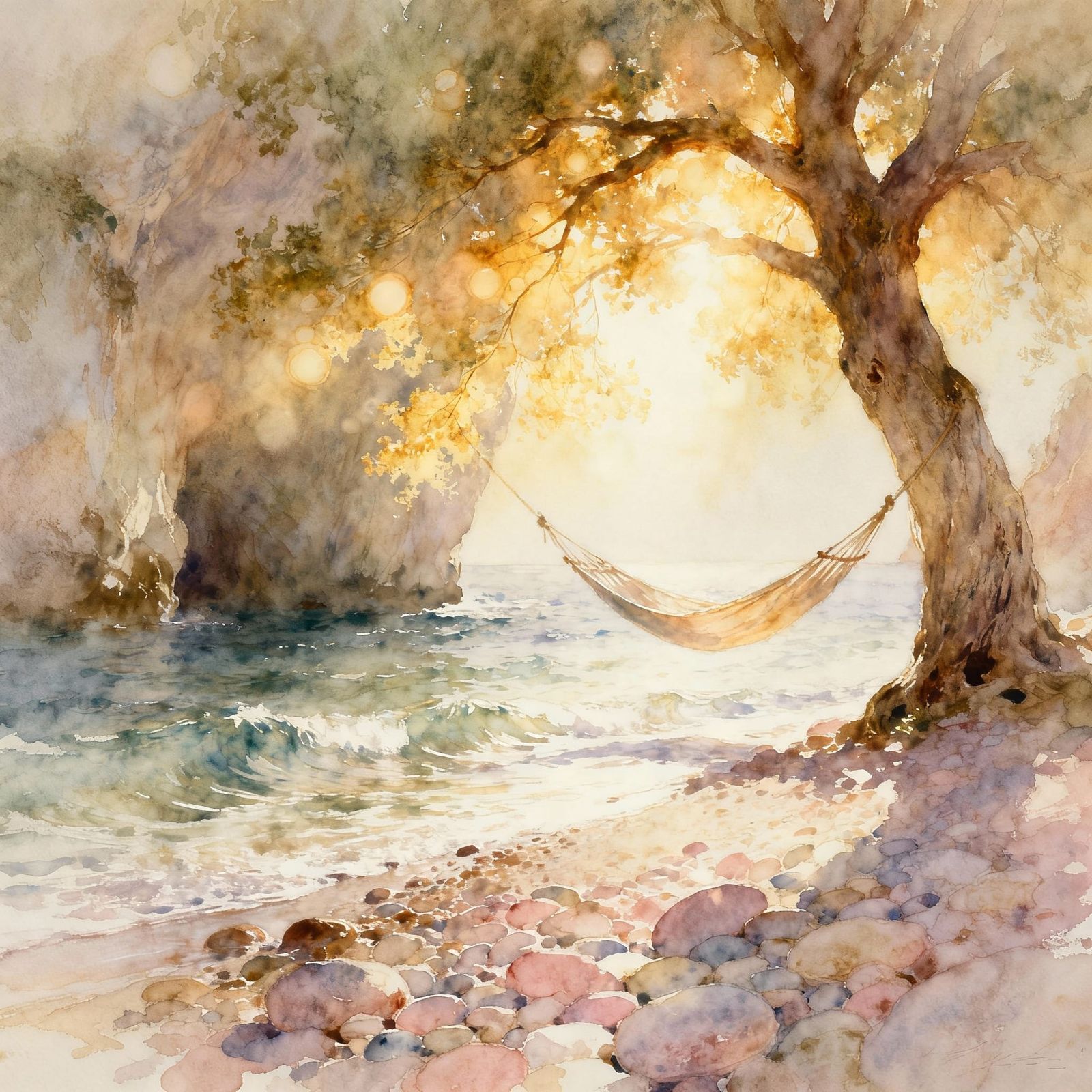 Peaceful Cove with Glowing Ancient Tree in Watercolor Style