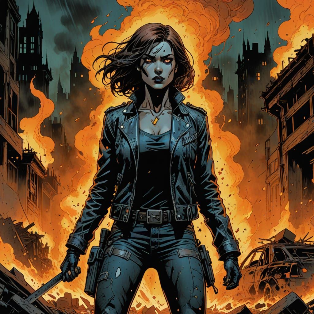 Gritty Comic Book Art of Woman Amid Explosions