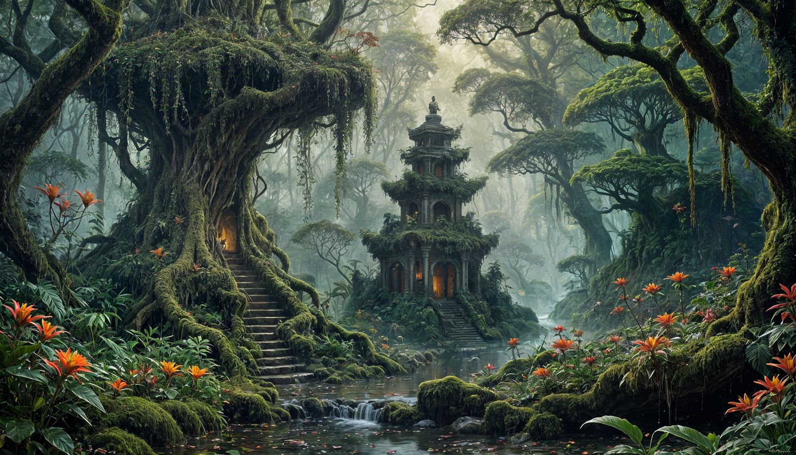 Surreal Jungle Scene in Vibrant Colors and Golden Light