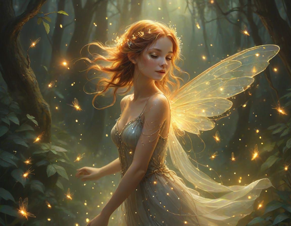 Ethereal Forest Nymph with Glowing Fireflies