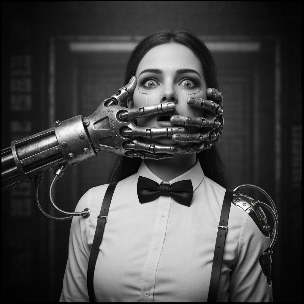 Monochrome Steampunk Cyborg Horror Portrait