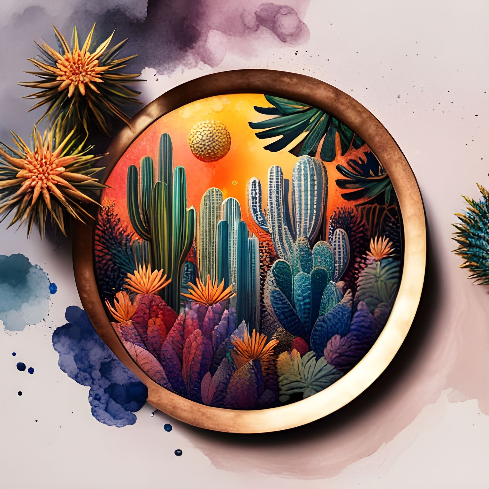 Intricate Cactus in Magical Desert: Geometric Abstract Art