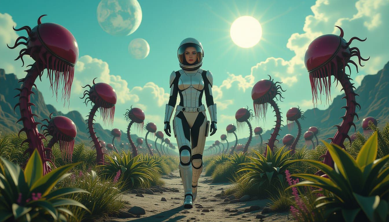 Alien Garden Encounter in Surreal Hyperrealistic Style