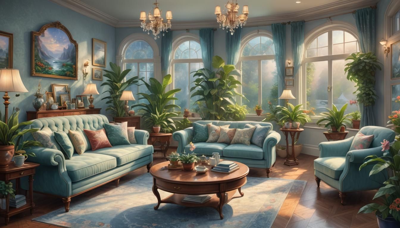Ethereal Modern Living Room Illustration in Kinkade Style