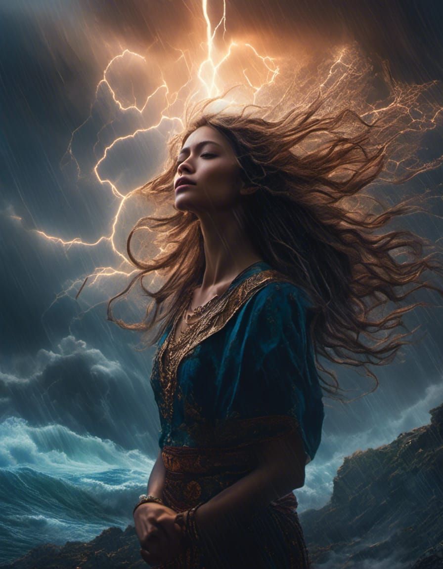 Meditating Woman Under Storm in Digital Painting