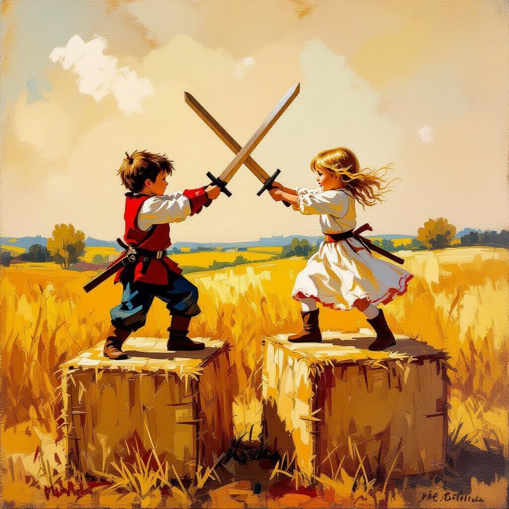 Medieval Children's Duel in Impasto Style