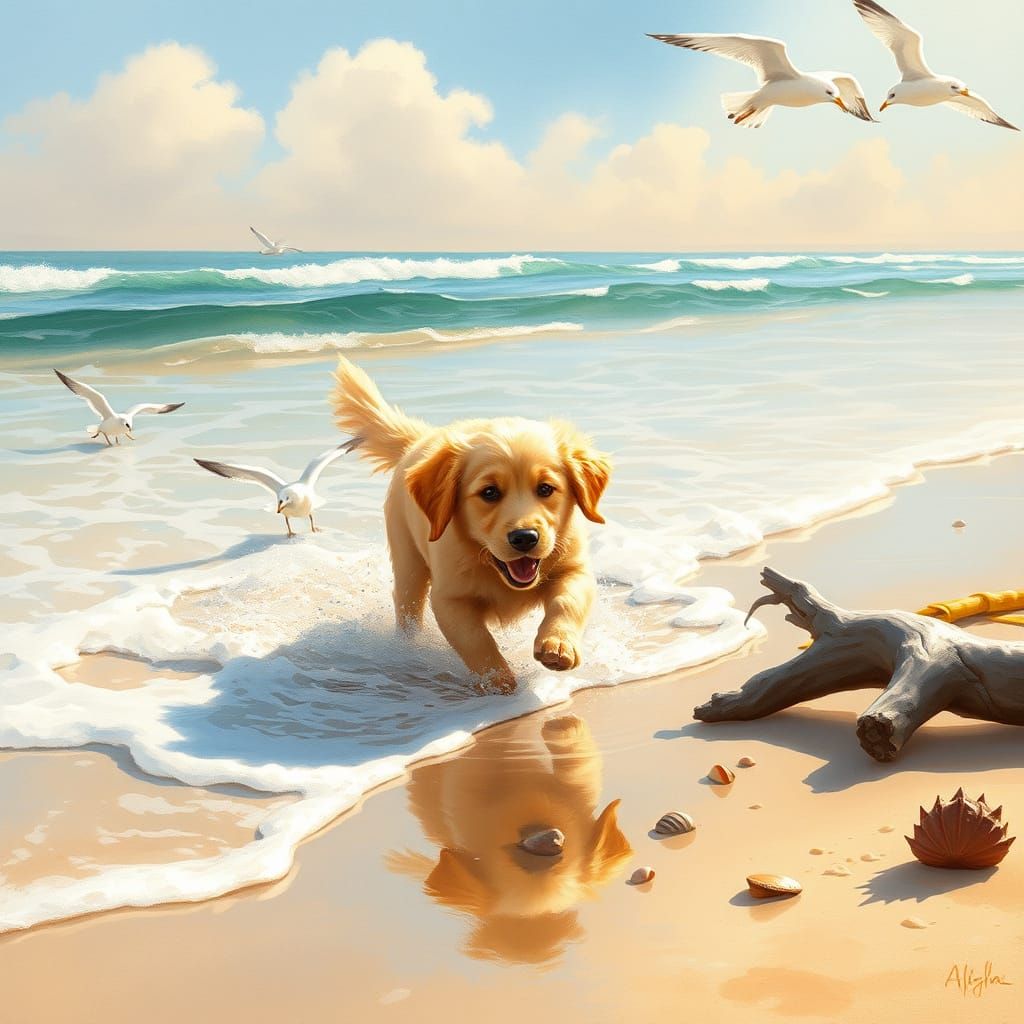 Golden Retriever Beach Scene in Whimsical Watercolor Style