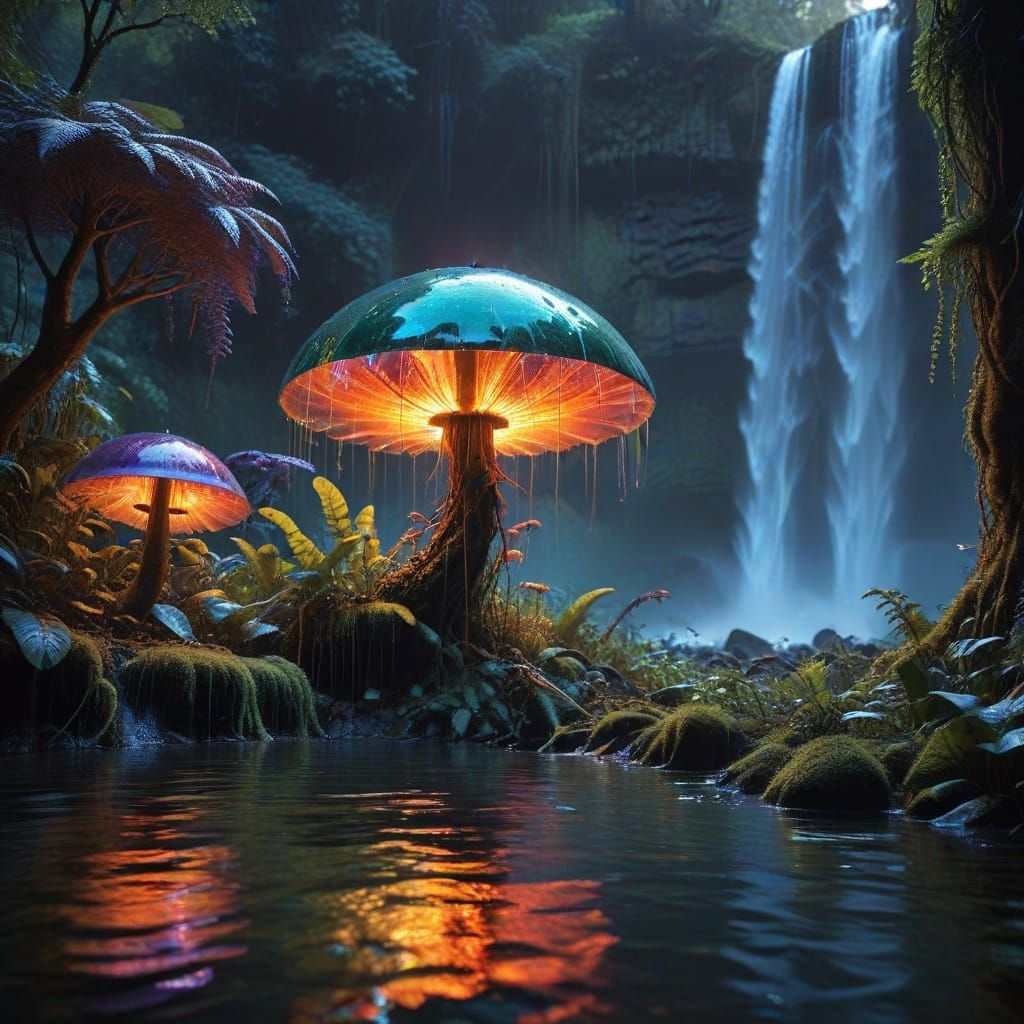 Double Sun Waterfall on Xyphor-9 in Hyperrealistic Style