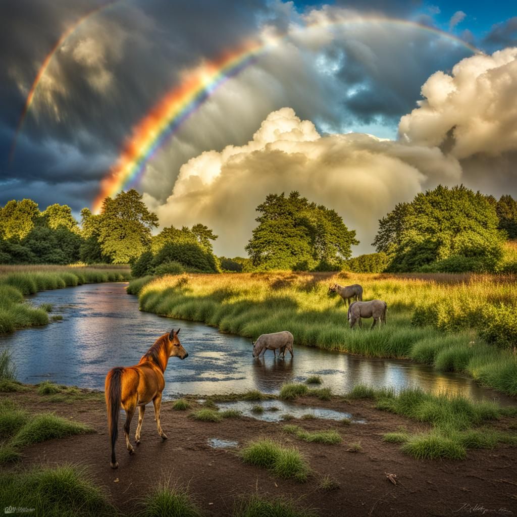 lots of clouds and a big rainbow, on the rainbow there are d...