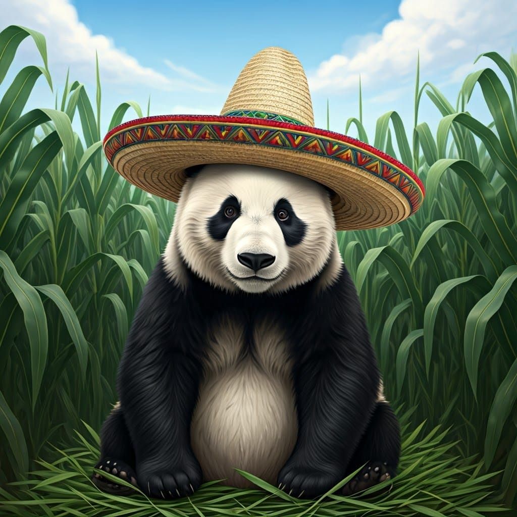 Panda with Sombrero in Cornfield