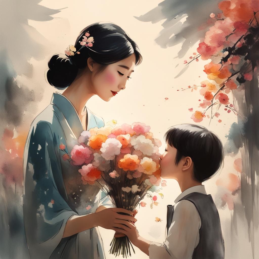 Girl Surprises Mom: Chinese Ink Painting Style