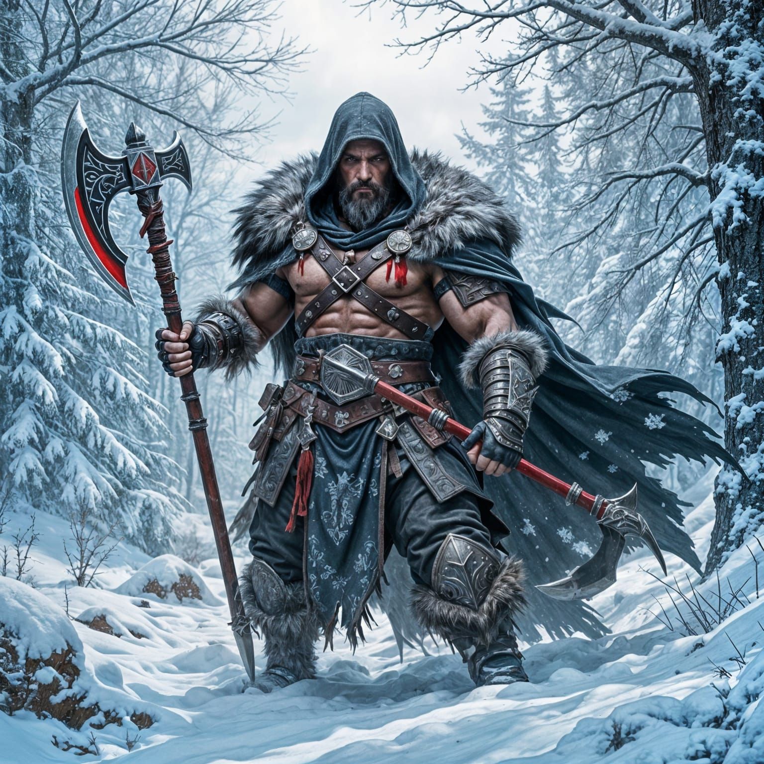 Epic Barbarian Warchief in Winter Forest