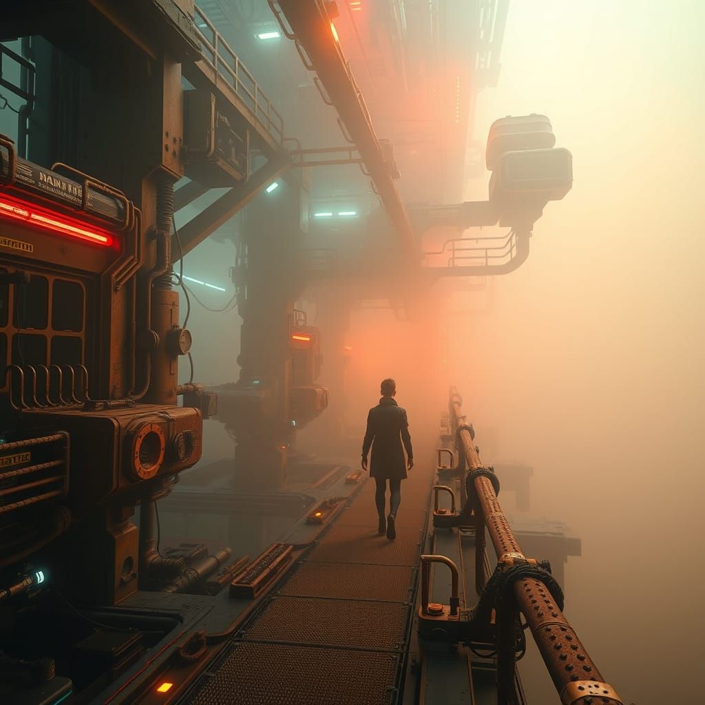 Futuristic Cityscape in Thick Fog, Cyberpunk Aesthetic